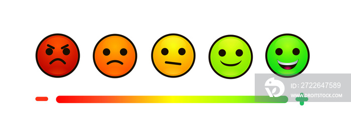 Feedback or rating scale with smiles representing various emotions arranged into horizontal row. Customer’s review and evaluation of service or good. Colorful vector illustration in flat style