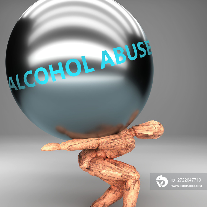 Alcohol abuse as a burden and weight on shoulders - symbolized by word Alcohol abuse on a steel ball to show negative aspect of Alcohol abuse, 3d illustration