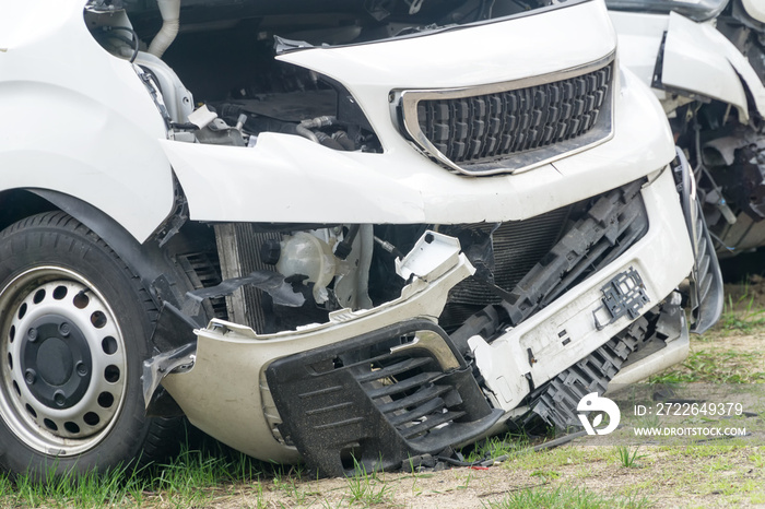 Broken car white van after frontal collision. Closeup.