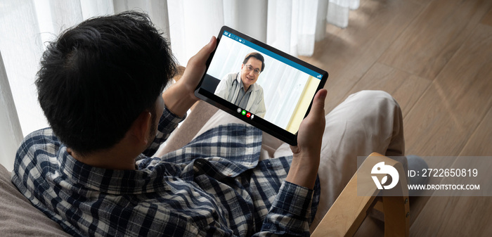 Doctor video call online by modish telemedicine software application for virtual meeting with patient