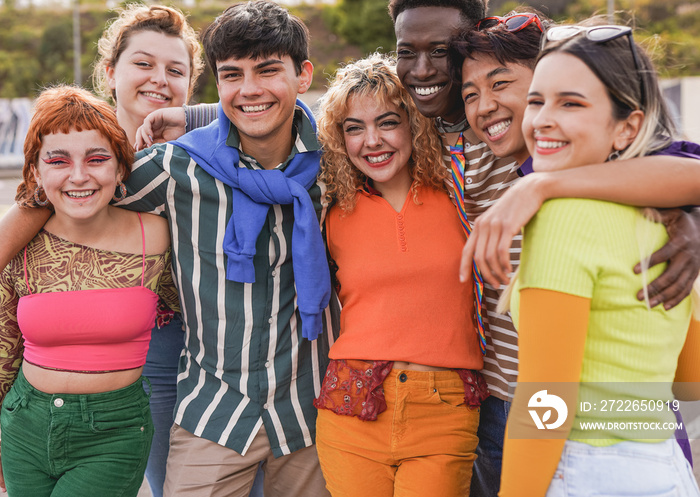 Happy multiracial people having fun together outdoor