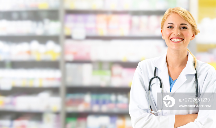 Woman pharmacist working at pharmacy. Medical healthcare and doctor staff service.