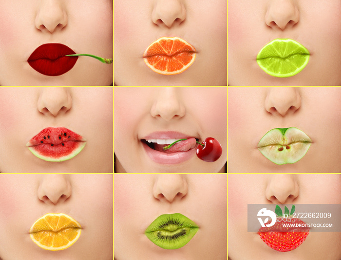 lips with painted fruits.Color lips.