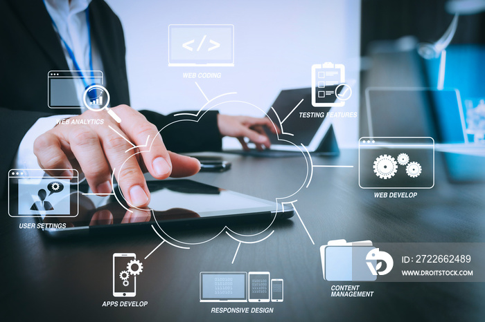 businessman working with smart phone and digital tablet and laptop computer in modern office with glass reflected view