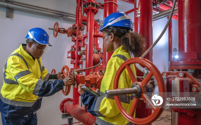 Engineer checks the orderliness of the fire pump control system in the industrial plant.