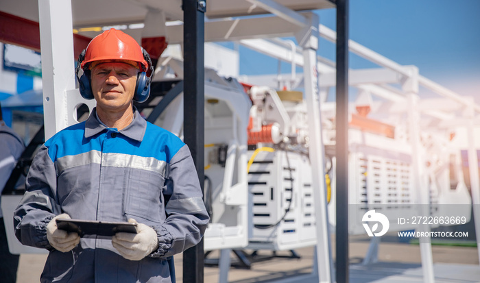 Miner operator control with computer tablet drilling machine in coal mine. Concept smart industrial mining