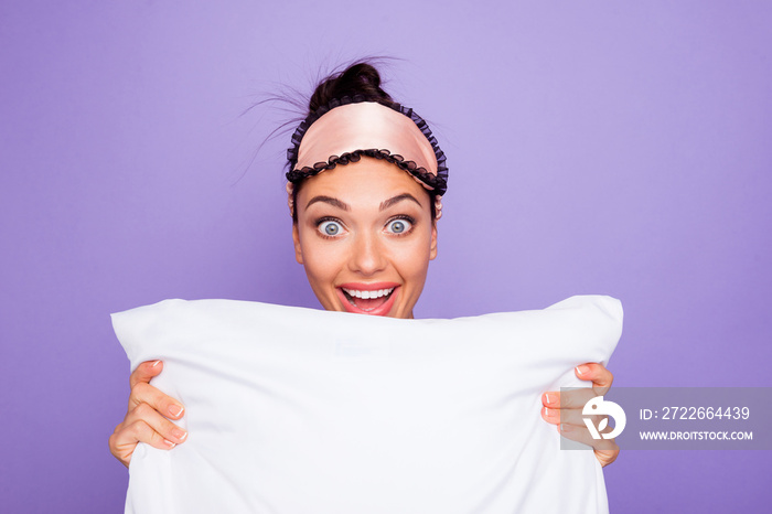 Close up photo beautiful she her lady hold hug arms hands pillow near face satisfied refreshed open mouth crazy full energy wear sleeping mask white tank-top pajamas isolated violet purple background