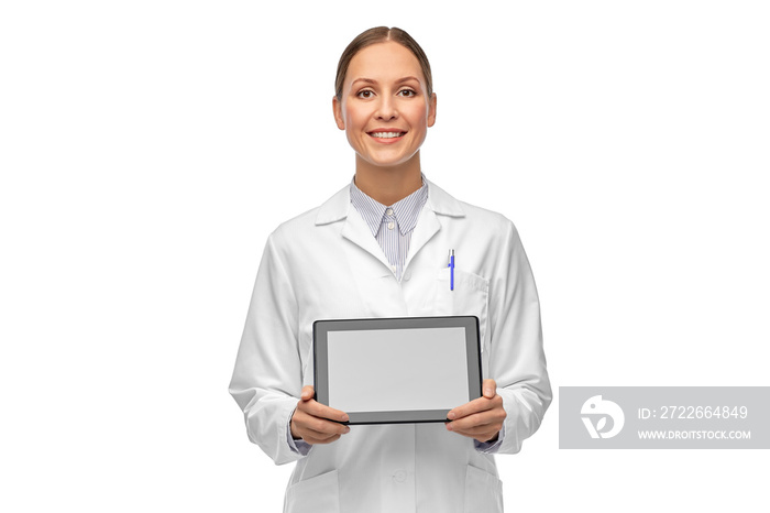 medicine, profession and healthcare concept - happy smiling female doctor or scientist in white coat with tablet pc computer