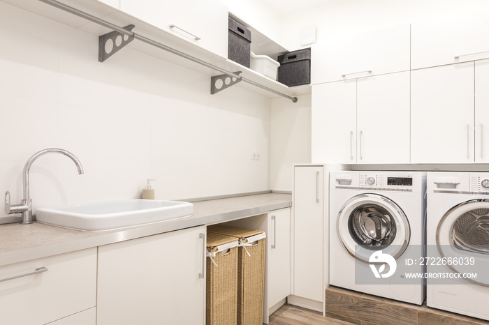 Laundry room with washing machine in modern house