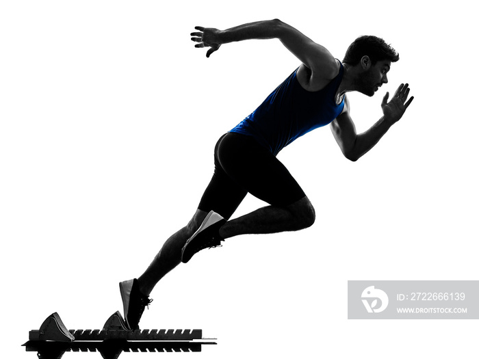 one caucasian runner sprinter running sprinting athletics man silhouette isolated on white background