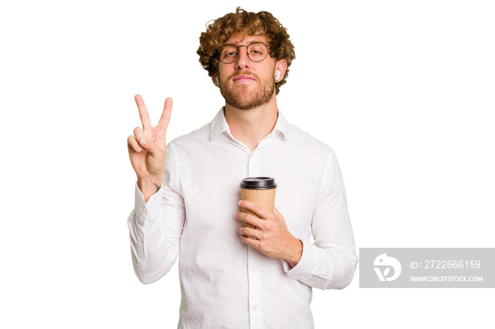 Business caucasian man holding a coffee to take away isolated on white background showing number two with fingers.