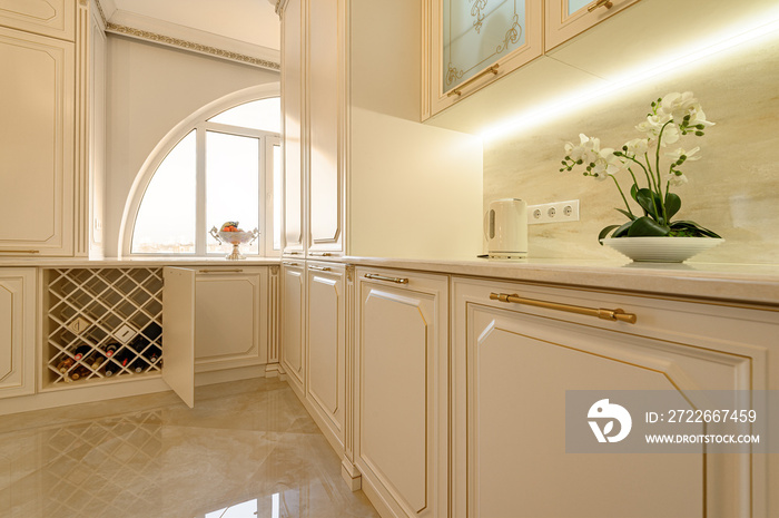 Luxury beige and gold classic kitchen interior