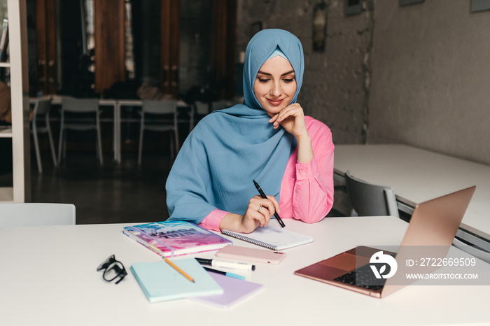 modern muslim woman in hijab in office room