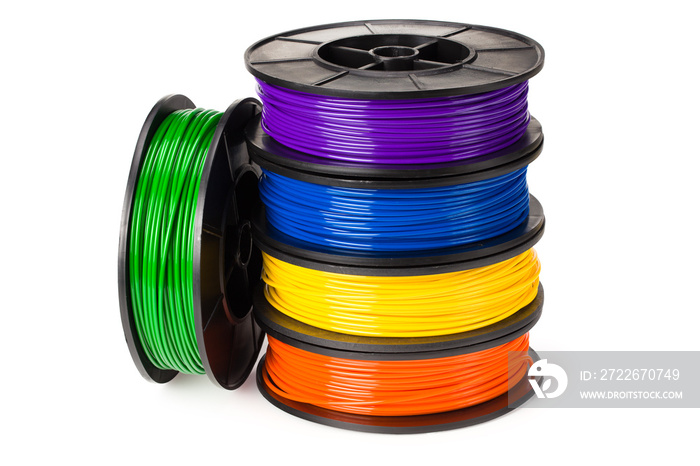 Black, red, blue, green, violet, orange, yellow, white filament 3d printer isolated on white background