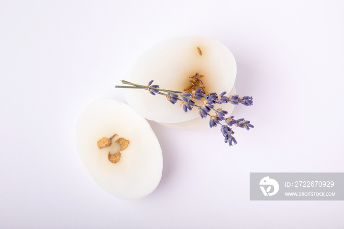 Natural soap with lavender extract. Handmade soap with lavender flowers isolated on white background. spa and relaxation concept.Aromatherapy.Flat lay.Place for text.Place for copy.