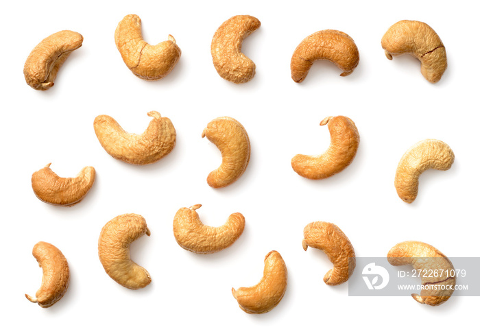 roasted cashew nuts isolated on the white background, top view