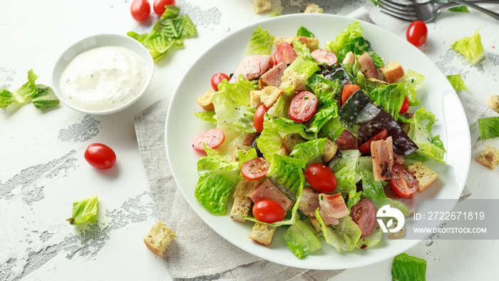 Bacon Lettuce Tomato, BLT salad with creamy dressing sauce, croutons