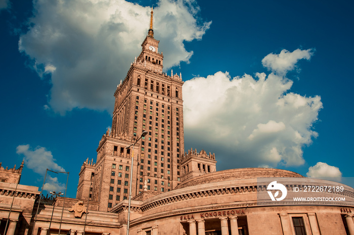 View of the palace of Culture and Science in Warsaw on a sunny day. The urban landscape