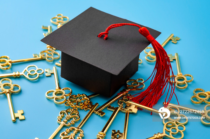 College education is the key to success, university graduation, academic opportunity and successful graduate concept with mortar board cap and many gold keys isolated on blue background