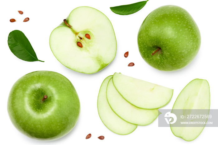 green apple with slices isolated on a white background. top view. clipping path