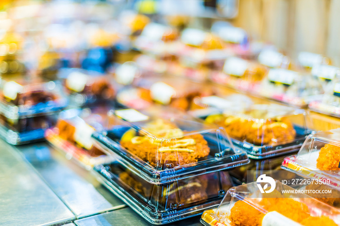 Prepackaged food put out for sale in supermarket