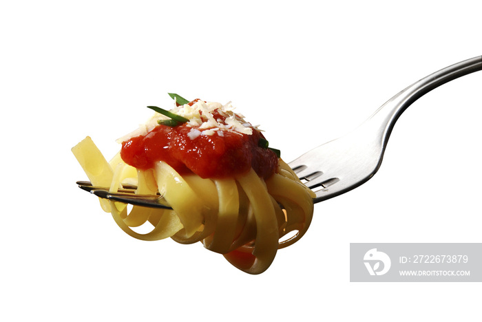 Pasta with tomato sauce on fork