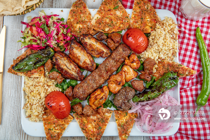 Mixed kebab plate. Grilled plate mix assortment meat.