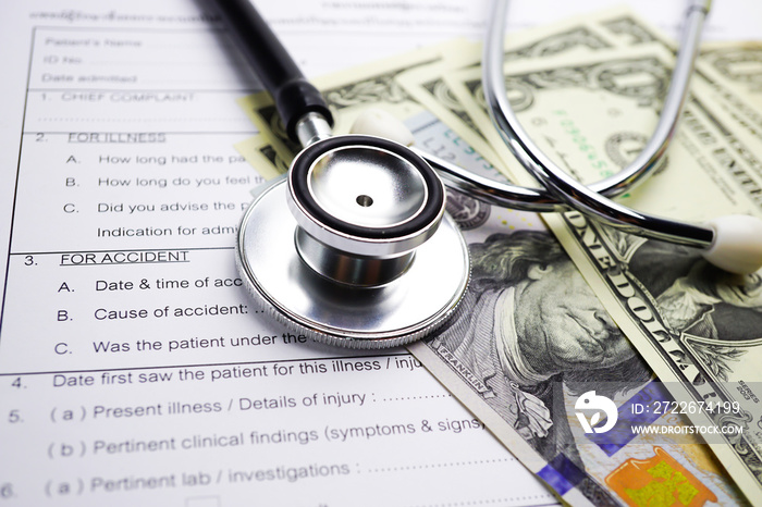 Health insurance accident claim form with stethoscope, Medical concept.