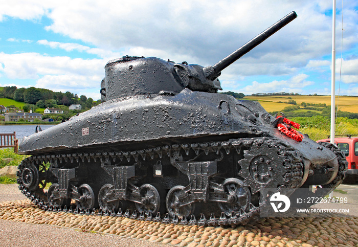 The Sherman tank at Slapton sands in Devon. It was sunk in action during Exercise Tiger which was a rehearsal for the D-Day landings. It now stands as a memorial to those who lost their lives