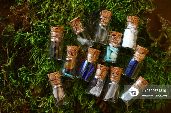 Adorable miniature bottles, fresh herbs and crystal bottles. Apothecary bottle set, cute little crystal vials, witchy decor. Wiccan ritual crystals with fresh flowers.