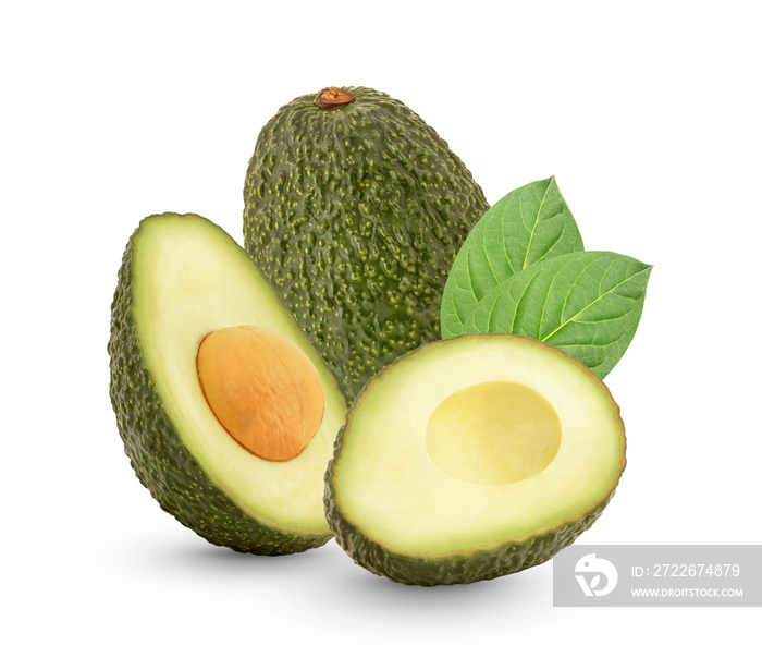 Fresh avocado with leaves isolated on transparent background (.PNG)