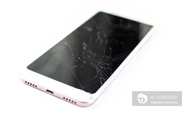 white phone with a broken sensor and screen, cracked touchscreen glass on a white background isolate