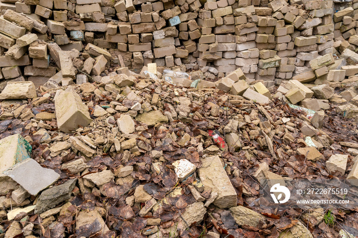 Pieces of concrete and brick rubble debris