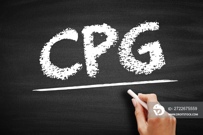 CPG Consumer Packaged Goods - merchandise that customers use up and replace on a frequent basis, acronym text on blackboard