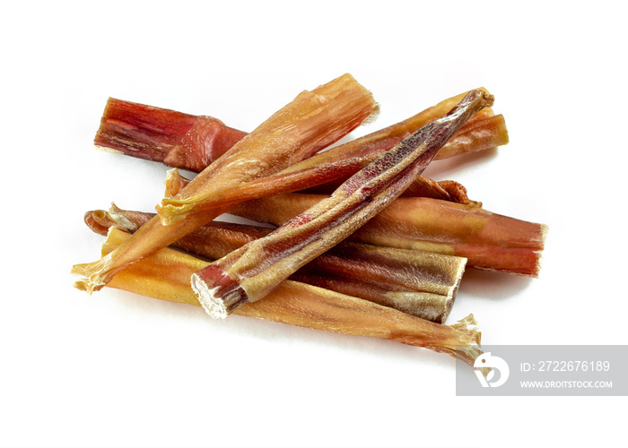 a group of natural dog teeth cleaning bully sticks on white background