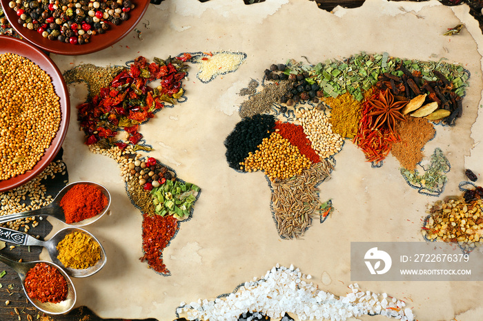 Map of world made from different kinds of spices, close-up