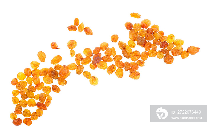 Yellow raisins isolated on a white background, top view. Golden raisins.