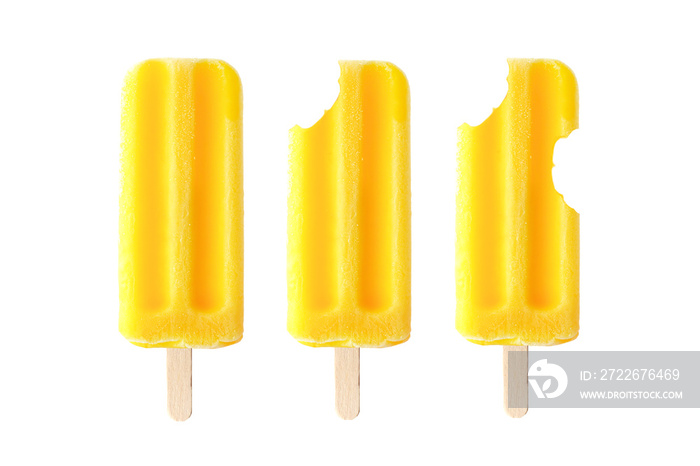 Yellow ice pops with increasing number of bites removed isolated on a white background