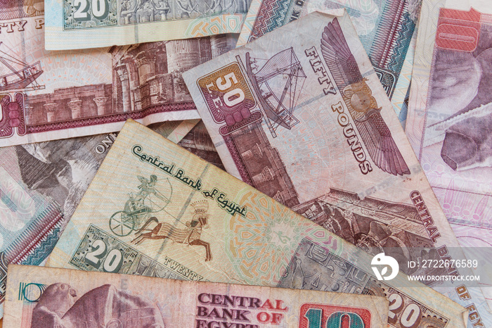 Background of different egyptian pounds banknotes. Egyptian currency