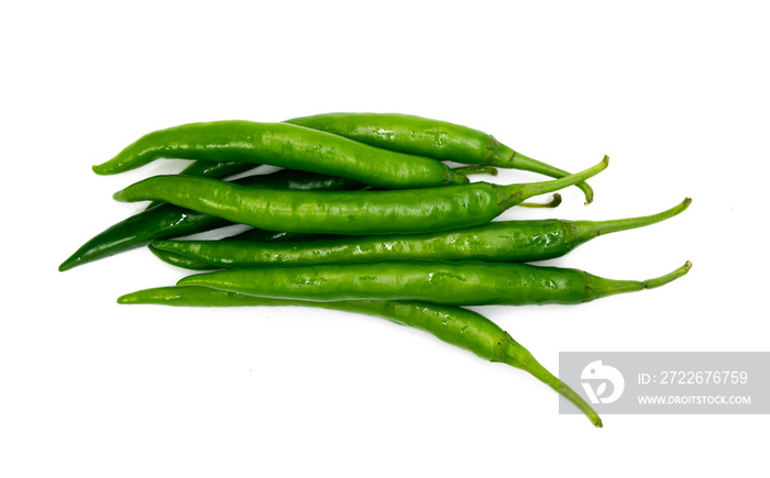 fresh green chilli over on white background.