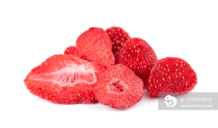 Dried strawberry slices isolated on white background. Dehydrated strawberries chips.