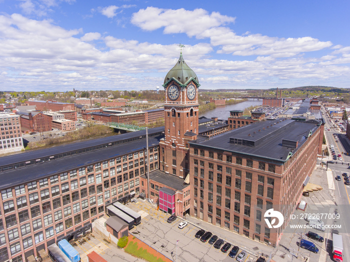 Historic Ayer Mills aerial view by the Merrimack River in downtown Lawrence, Massachusetts MA, USA.