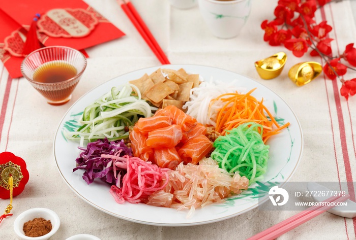 Salmon Yee Sang or Yusheng, a Chinese New Year Celebration Dish