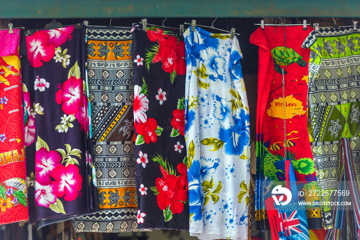 Multi-colored fabrics in the local market, Fiji.
