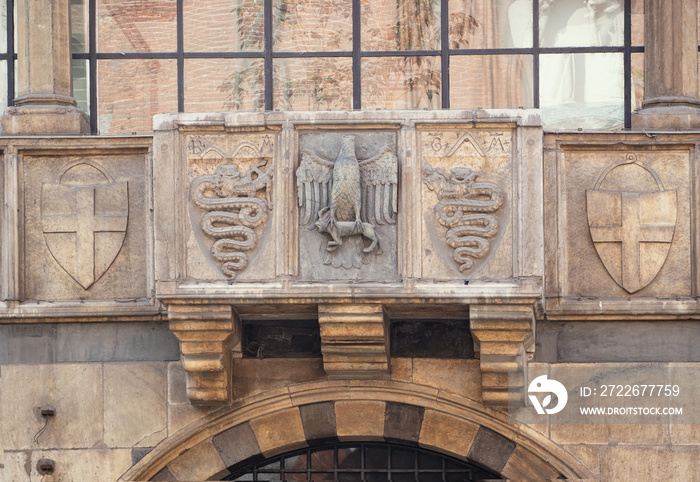 ancient medieval building in Mercanti square.Milan, Italy.