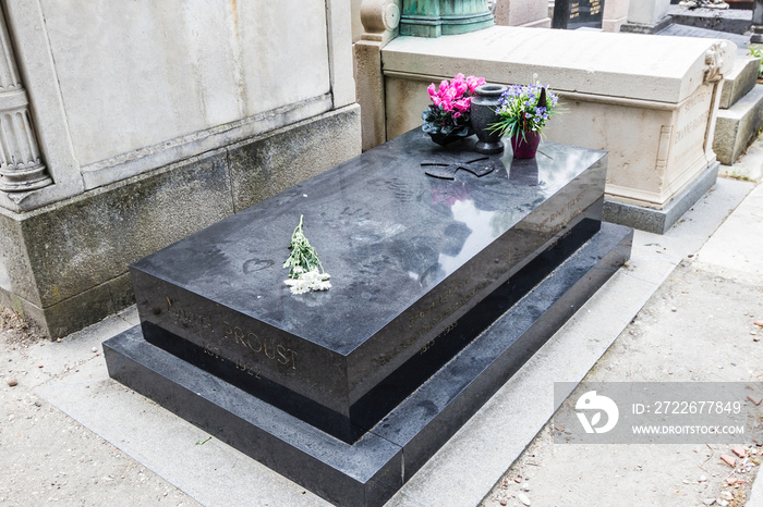 A tomb of Marcel Proust, a French novelist, and his brother Robert in the Père Lachaise Cemetery, Paris, France