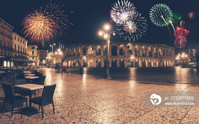 Fireworks over night old Verona illuminated street panorama