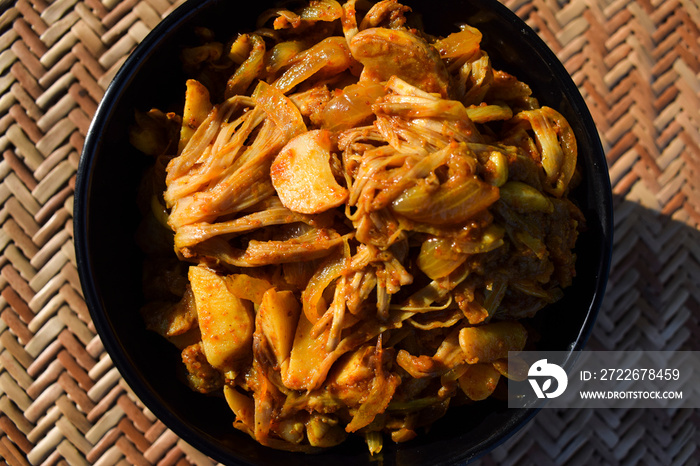 Jackfruit stir fry curry or Kathal ki sabji. Indian delicious side dish. authentic home cooked asian vegetable cooked using masalas.