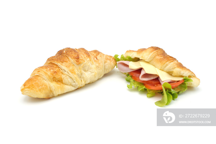 Ham cheese croissant and plain croissant on white background.