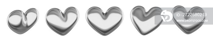 Set of silver stylized hearts. Views from different sides. 3D rendering. Symbol of love, likes, romance. PNG icon on transparent background.